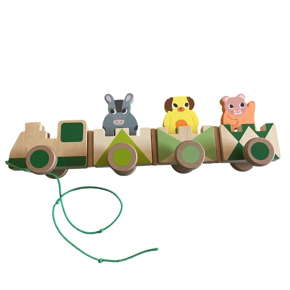 Wooden‎ Animal Train Pull Toy Kids OS Green Montessori Waldorf Rolling Carriages